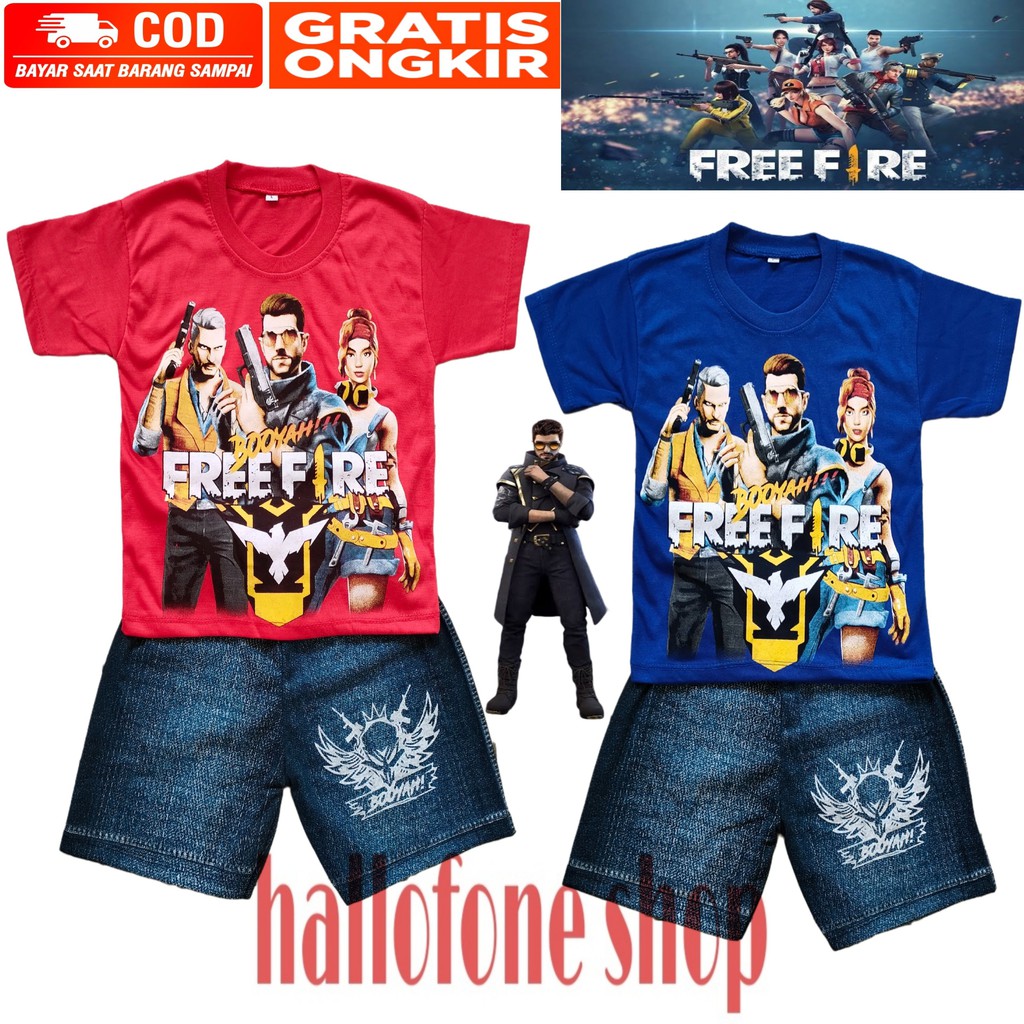 Setelan Kaos anak Laki Laki Gambar Free Fire Setelan Baju Kaos Celana Semi Jeans Anak Cowok Motif Ka
