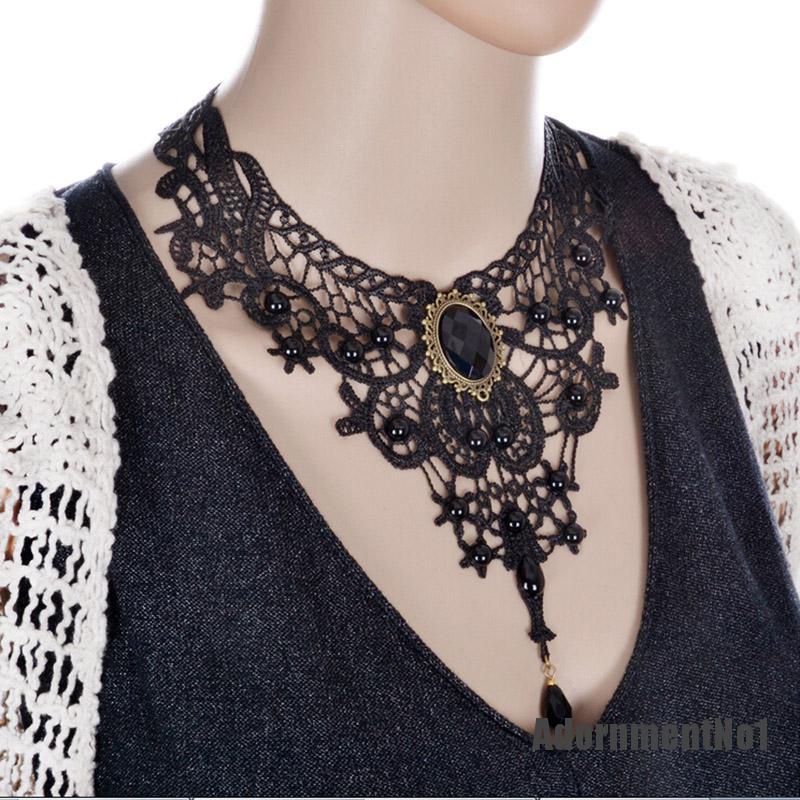 (Adornmentno1) Kalung Choker Lace Hitam Gaya Gothic / Victoria / Steampunk Untuk Wanita