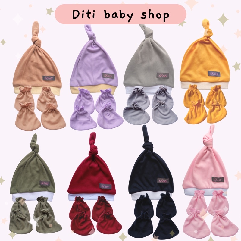 DITI BABY - Set 3 In 1 Knot Hat/Topi, Mittens Booties/Sarung Tangan Kaki Bayi Polos Premium Lembut