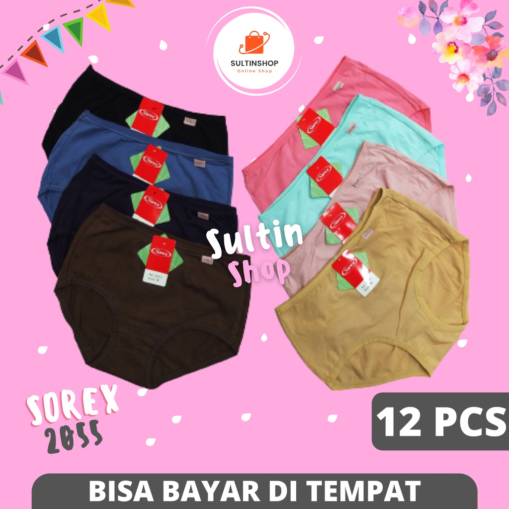 12 Pcs Celana Dalam Wanita Merk Sorek / Sorex Cd Basic Maxi Katun Mix Stretch 2055 Ukuran M L XL XXL