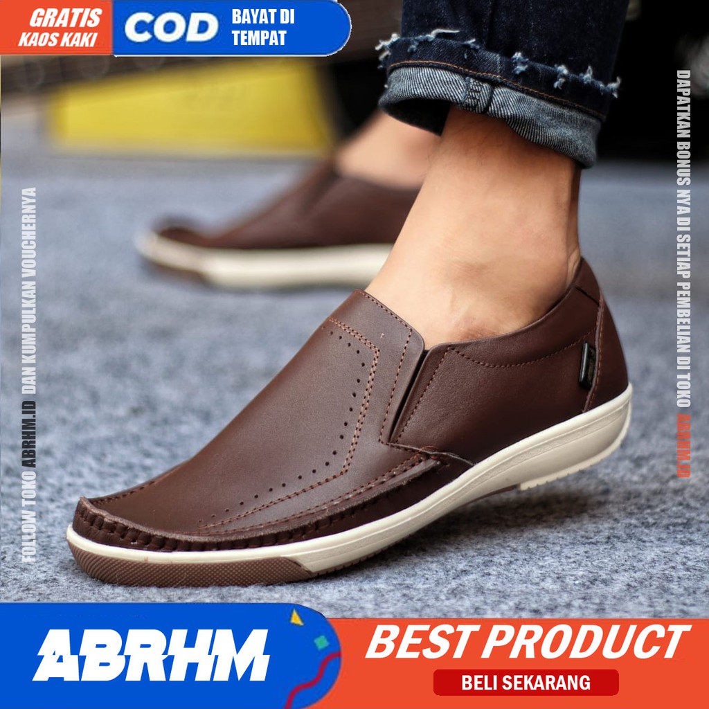 ABRHM x SANVER Sepatu Slip On Casual Kulit Asli Original Slop Anti Slip Kasual Formal Pantofel Kerja Kantor Kuliah Keren Kekinian Gaya Pria Cowok / Cowo