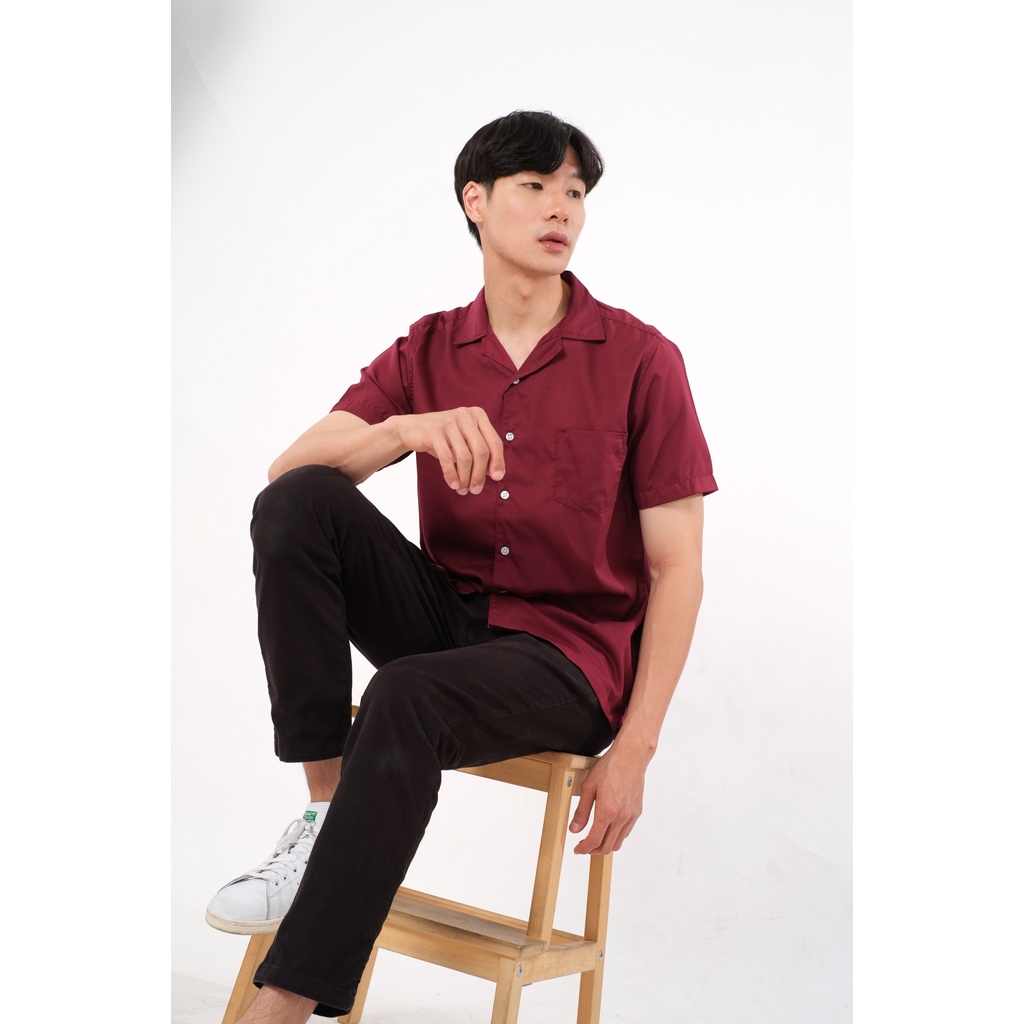 SANVANINA Kemeja Casual Lengan Pendek Polos Marun | Bowling Shirt Maroon  E-1445K