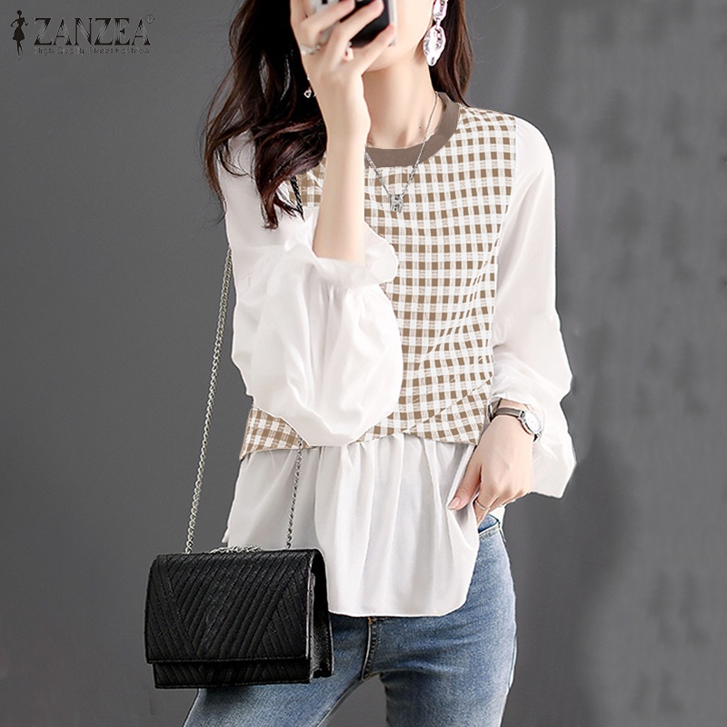 ZANZEA Ladies Fashion Korean Style Women Blouse Crew Neck Grid Spliced Holiday Club Casual Office Tops Shirt