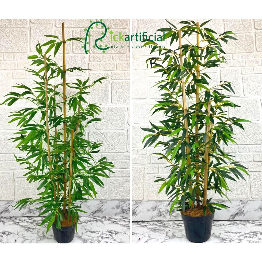 Pohon Hias Daun Bambu Latex Hijau Kuning T120 Artificial Pot Dasar Hitam Plastik Tanaman Dekorasi