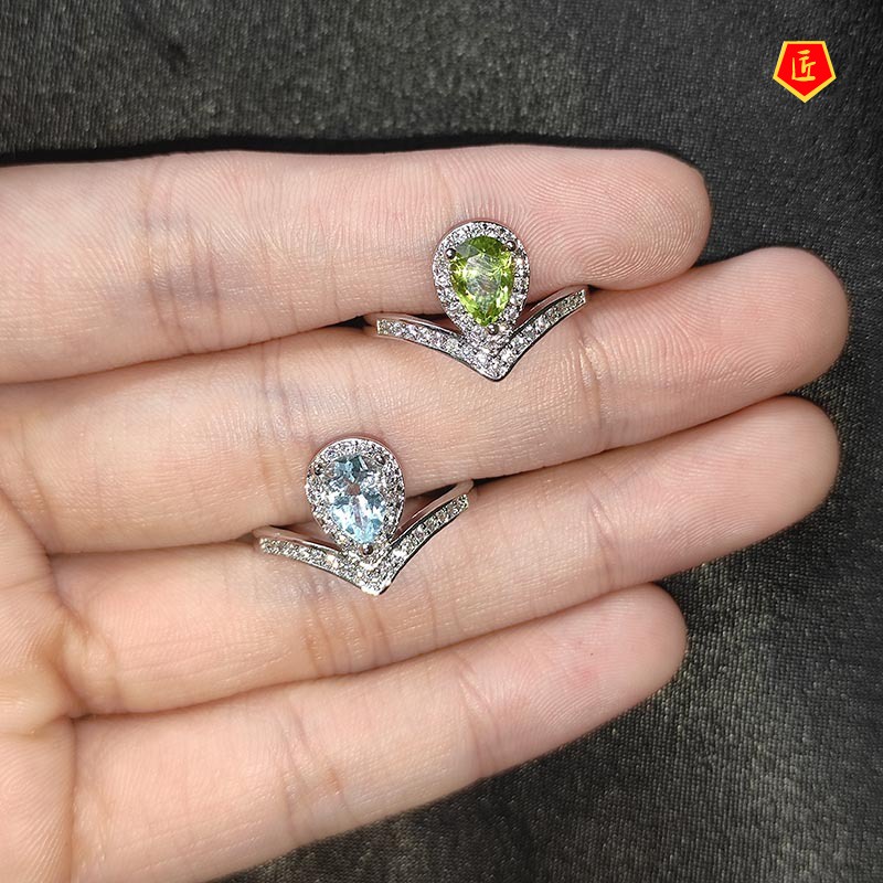 [Ready Stock]Natural Blue Topaz Olivine Crown Ring