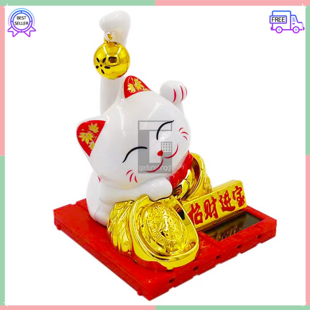 Patung Pajangan Hiasan Boneka Kucing Hoki Lucky Cat Maneki Neko Maneko Neki Keberuntungan Rejeki Rezeki Tangan Goyang Gerak China Cina Jepang Solar Non Baterai Batre Batrai Listrik Meja Toko Kasir Cafe Dashboard Mobil Size Ukuran Small Kecil Sedang Medium