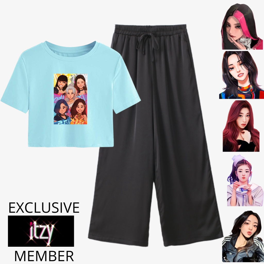 JBF Baju Anak Tanggung Perempuan Kaos Crop Dan Celana Kulot Motif Idol Grup ITZY