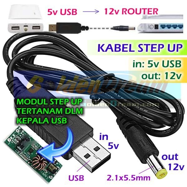 Kabel Step Up USB 5v to 12v DC Power Supply backup 12V dari Power Bank