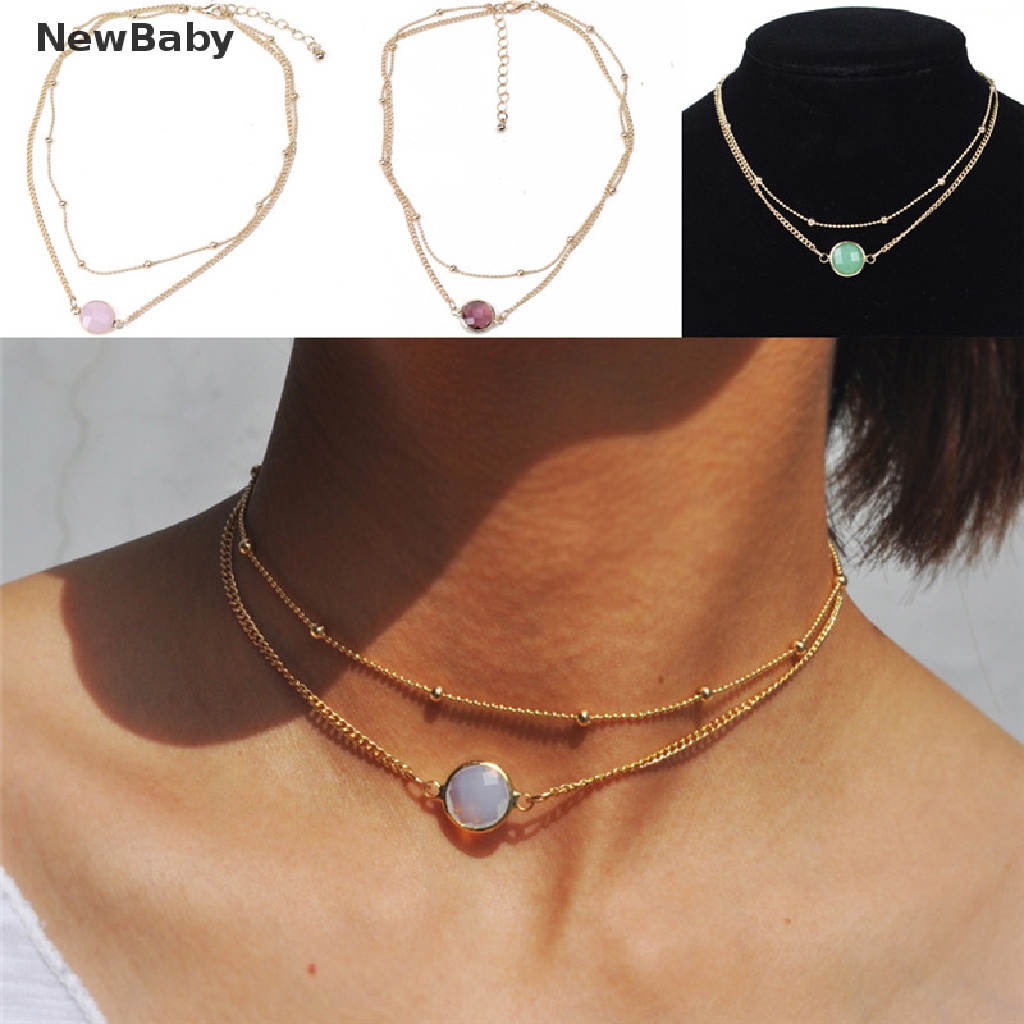 NewBaby Elegant Crystal Pendant Choker Necklace Multi-layer Bead Boho Gold Short Chain Necklace ID