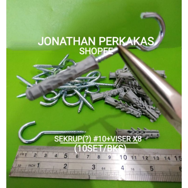 paket sekrup kapstok #10+viser x8(10set/bks) paket viser x8+screw hook#10(10bh/bks)