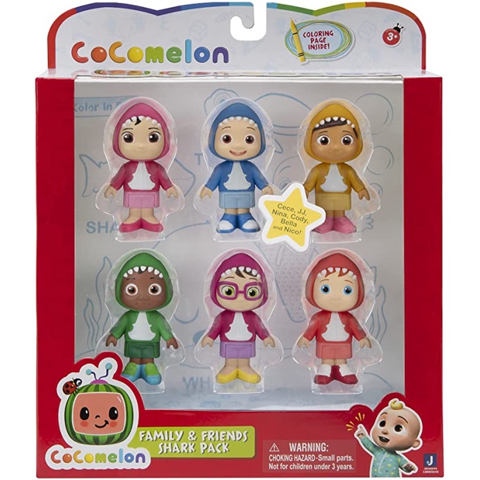 CoComelon 6 Figure Pack Family and Friends Shark Theme Pack Original - Includes JJ, Nico, Cody, Nina, Bella and Cece in Shark Hoodies / Figure mainan cocomelon tema hiu isi 6 Original