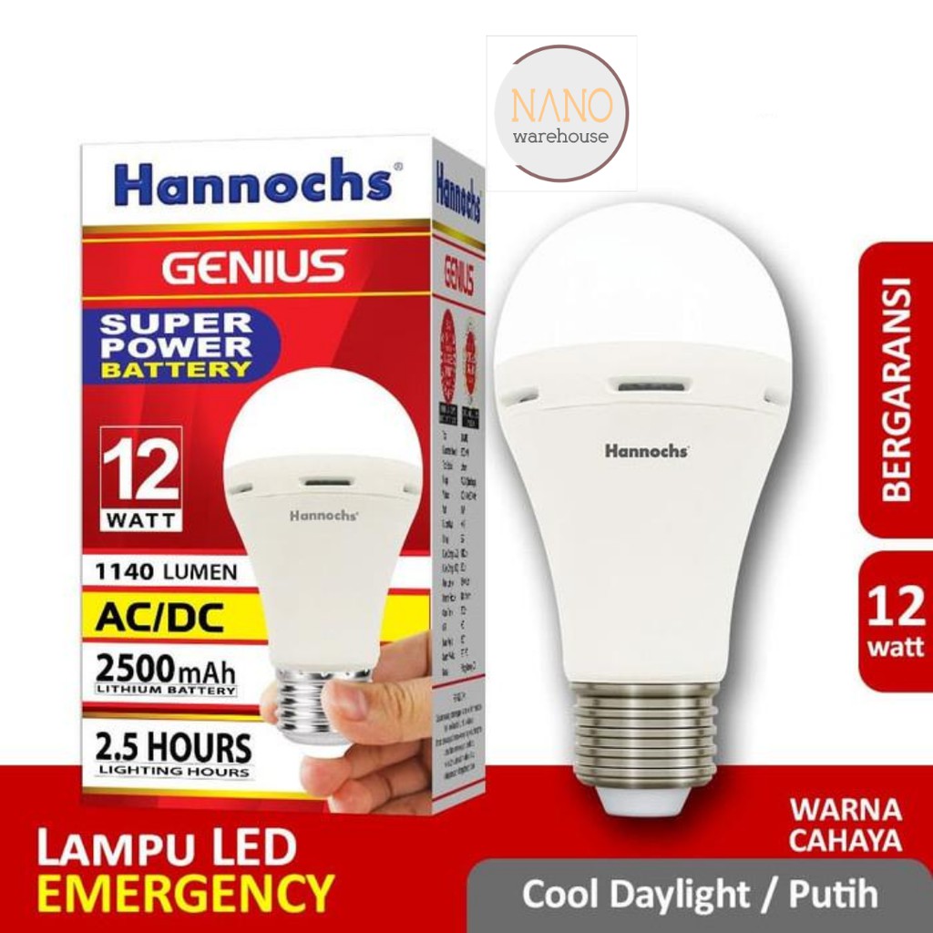 Bola Lampu Cas Darurat Emergency Hannochs LED Genius 12w AC/DC Putih Otomatis Nyala