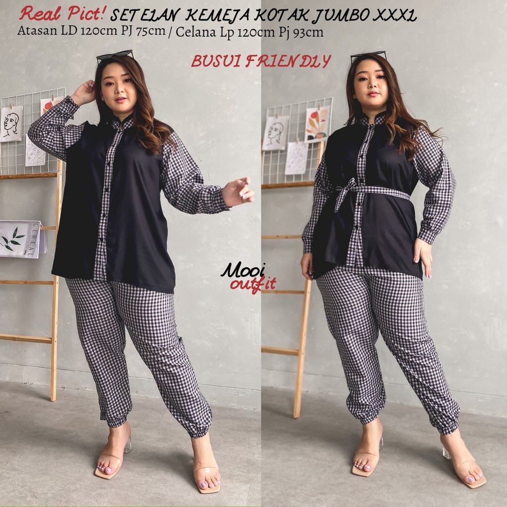 Setelan Jumbo Motif Kotak - Setelan Kemeja Jumbo - Setelan Jumbo Wanita - One Set Jumbo Wanita Murah