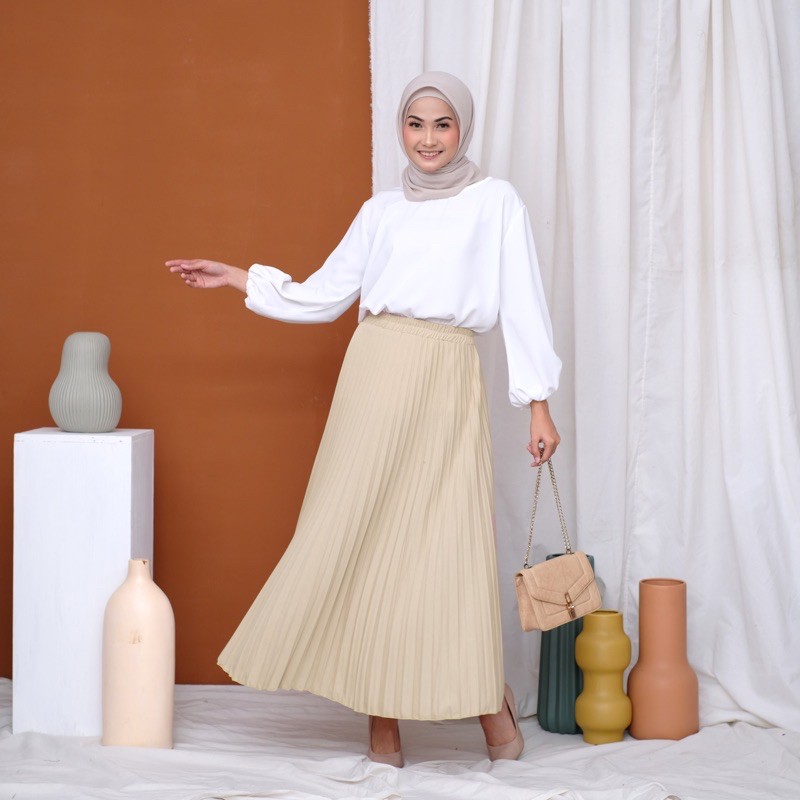 ROK PLISKET 256.B MURAH PREMIUM HYGET POLOS FLARE SKIRT REMPEL MUSLIM MAYUNG PANJANG MODELLANO FREXA-Cream