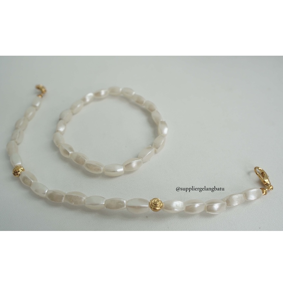 Set STRAP MASK dan GELANG Mutiara Sintetis OVAL SEGI 4 white pearl