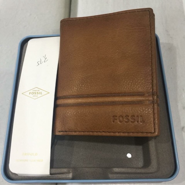 FOSSIL Watts trifold cognac brown n black men's wallet dompet pria laki original leather kulit asli