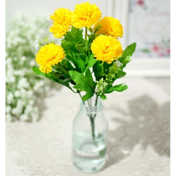 bunga plastik hias artificial pompom carnation anyelir kuning A1-1