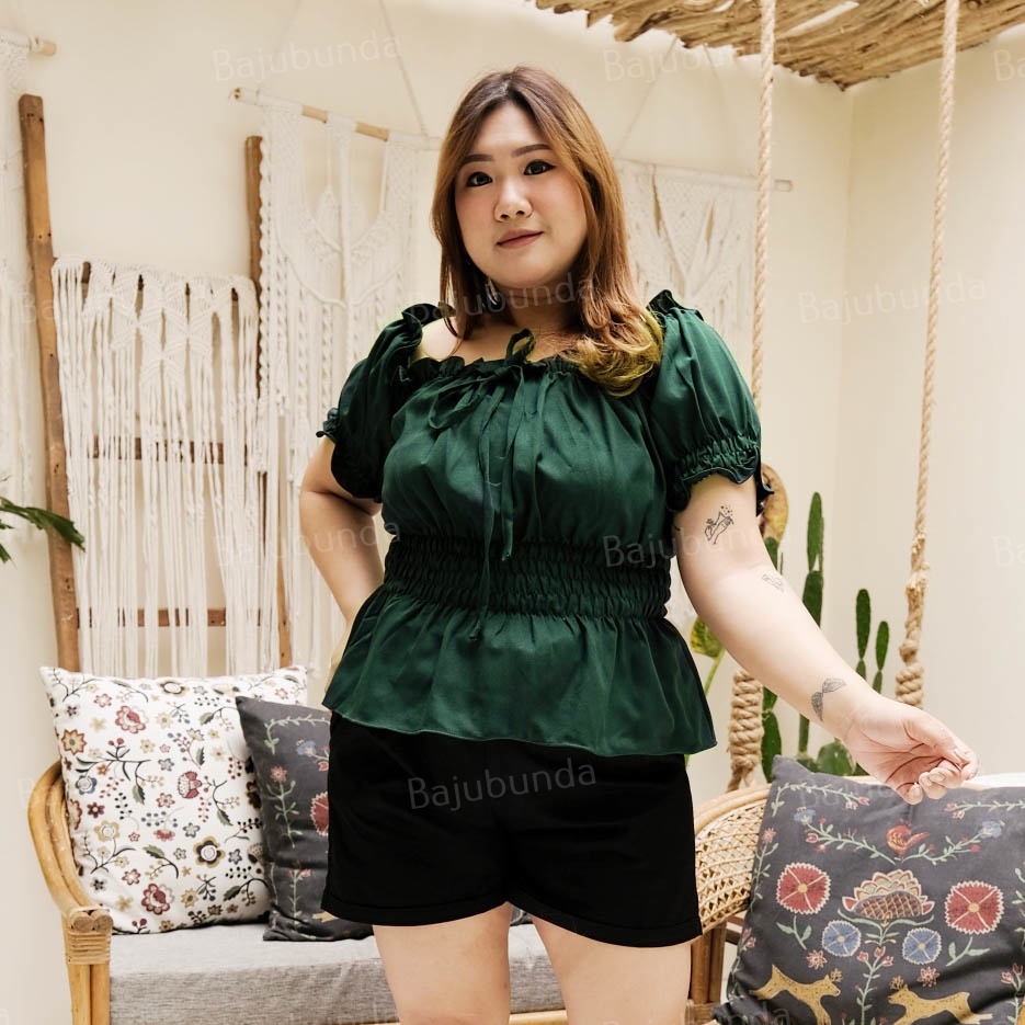 BAJUBUNDA - Atasan Jumbo Wanita Lengan Pendek Polos / Blouse Jumbo / Blus Big Size / Baju Jumbo / MIYA TOP-DARK GREEN