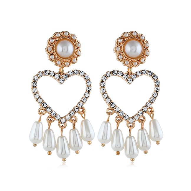 LRC Anting Tusuk Fashion Gold Pearl Tassel Earrings F40669