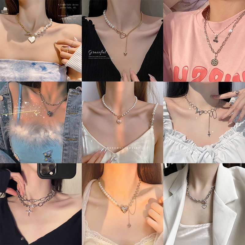 YEEZII Kalung Choker Rantai Klavikula Hias Liontin Kupu-Kupu Hati Hitam Gaya Retro Untuk Wanita