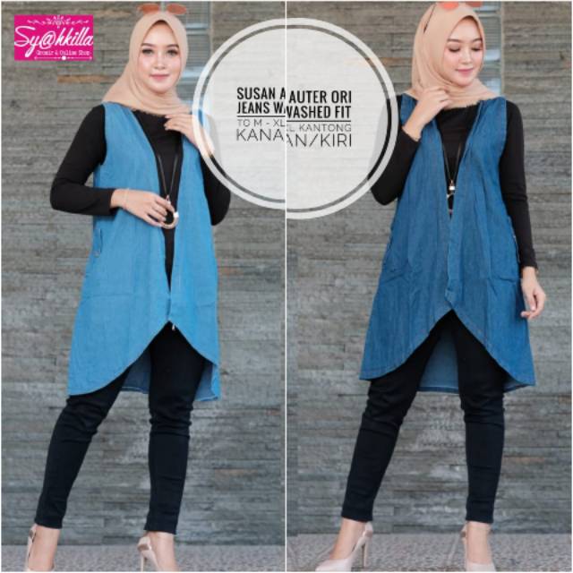 Outer rompi wanita vest denim jeans cewek basic