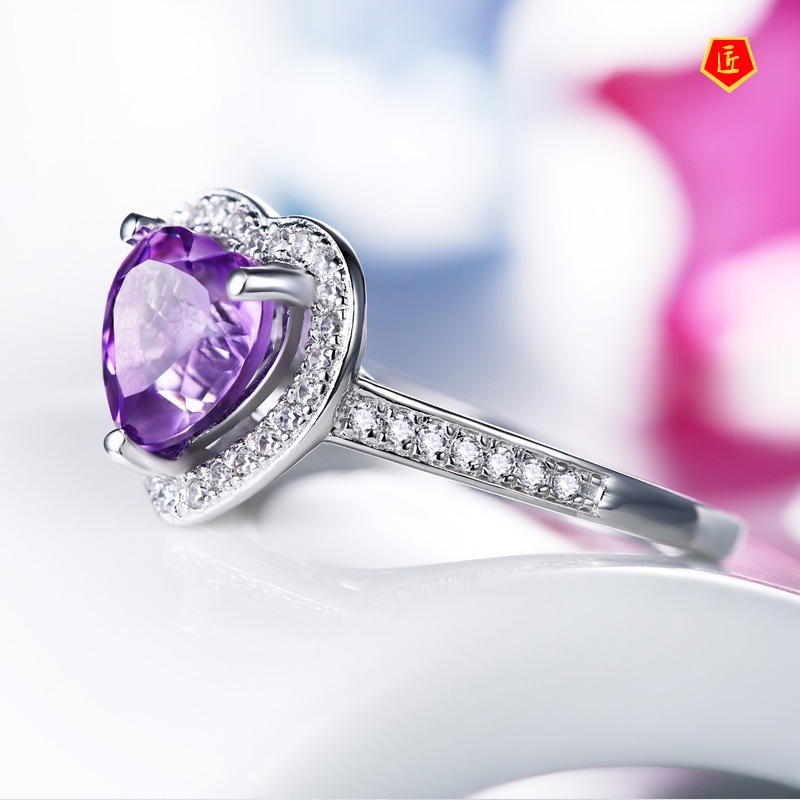 [Ready Stock]Heart-Shaped Amethyst Ring Female Fashion Elegant