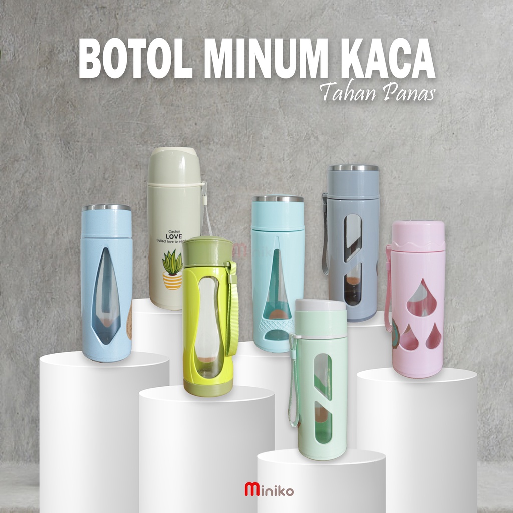 Botol minum kaca/botol minum kaca 430ml/Botol minum kaca tahan panas/ Miniko