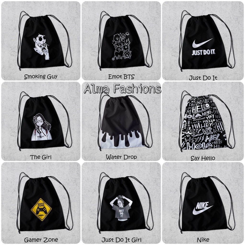 Tas Serut / String Bag Anti Air TERLENGKAP - Tas Ransel Serut Tas Olahraga Tas Sekolah Tas Serut Waterproof Pria Dan Wanita Tas Polos - Custom Bisa COD - P3