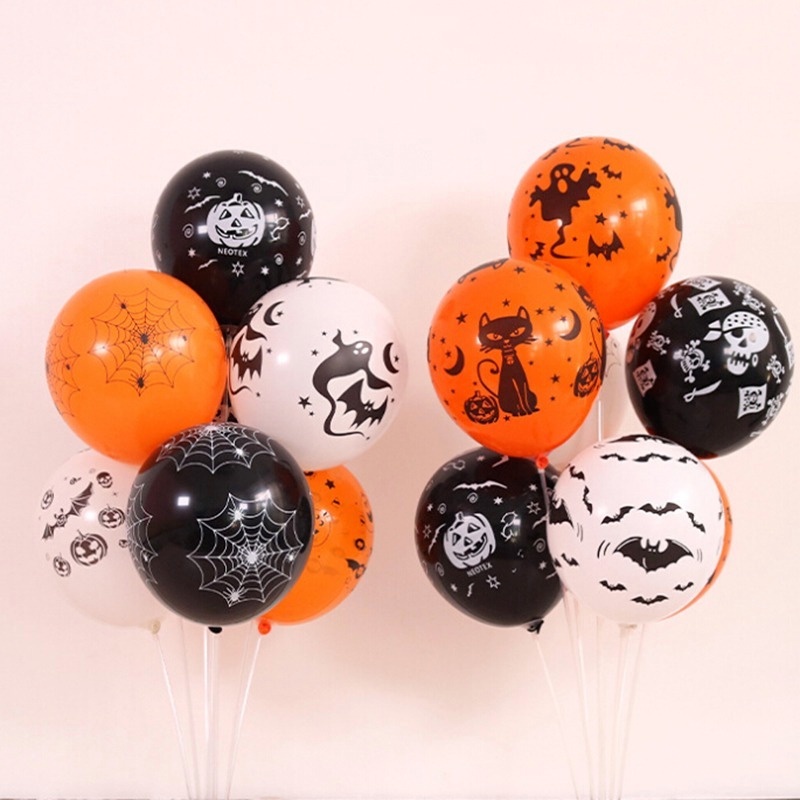 10pcs Balon Latex Tema Halloween Warna Hitam Oranye Untuk Dekorasi