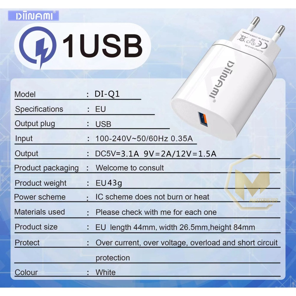 DIINAMI Adaptor Charger DM-Q1 Batok Charger Single Port Quick Charger 18W Qualcomm QC3.0 3A Output - Garansi Original Resmi 1 Tahun MA3389