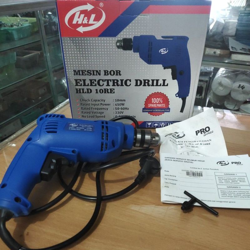 1 Paket Bor Listrik ⚡ HLD 10 RE H&L | Electric ⚡ Drill 10mm • 450 W • 220 V • 50-60Hz • NLS = 3.000 