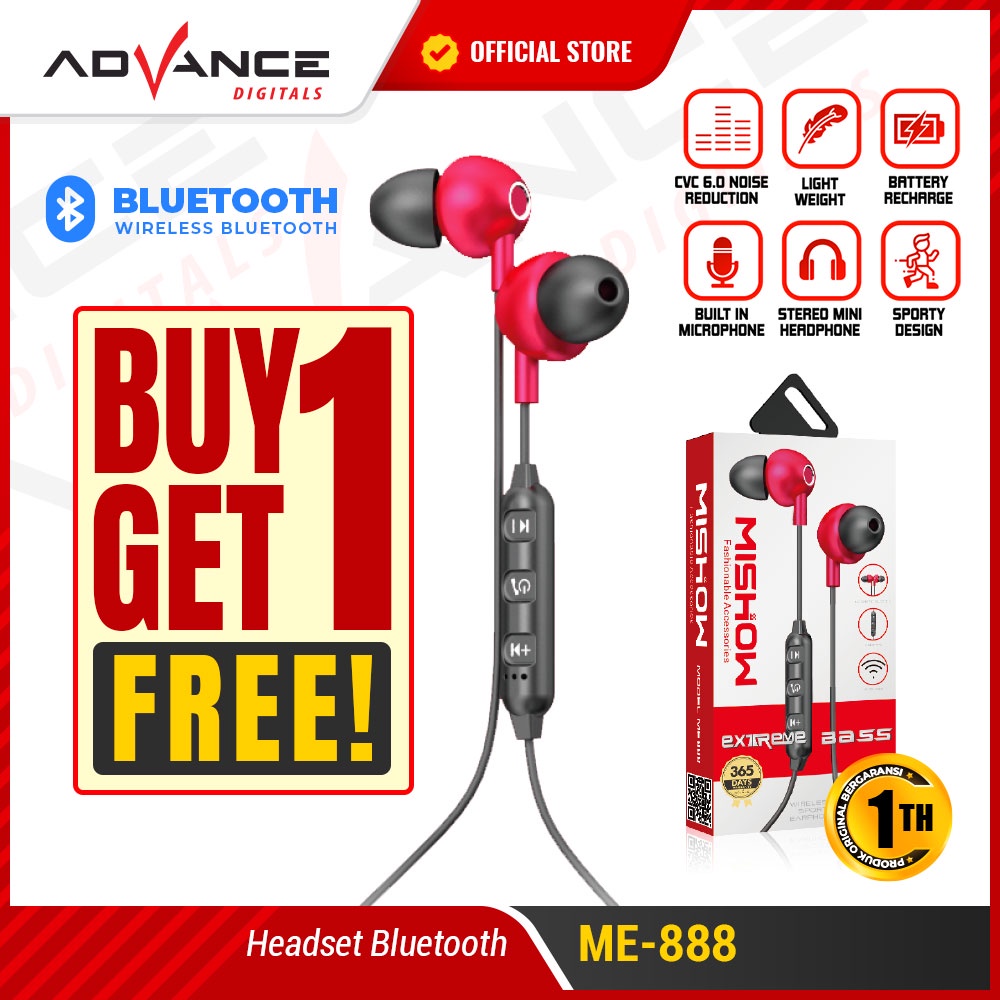 Advance Digitals [ Buy 1 Get 1 Free ] ME888 - Wireless Earphone with Extreme Bass and Magnet | 1 Tahun Garansi Resmi Advance