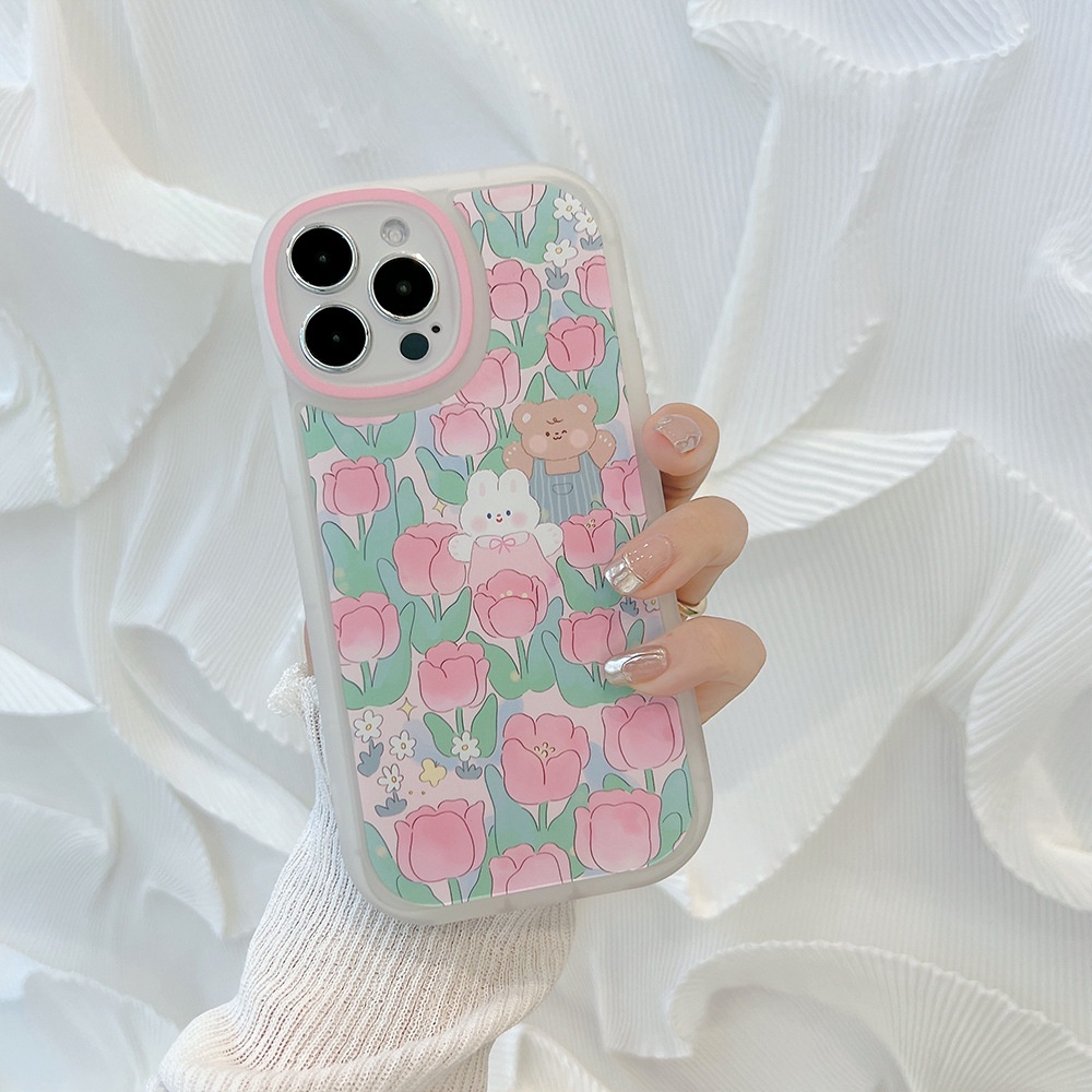 IPHONE Kartun Kelinci Dan Beruang Dengan Tulip Transparan Putih Casing Ponsel Cover Untuk Iphone7 8 PLUS X XR XS 11 12 13 14 MINI PRO MAX SE 2020