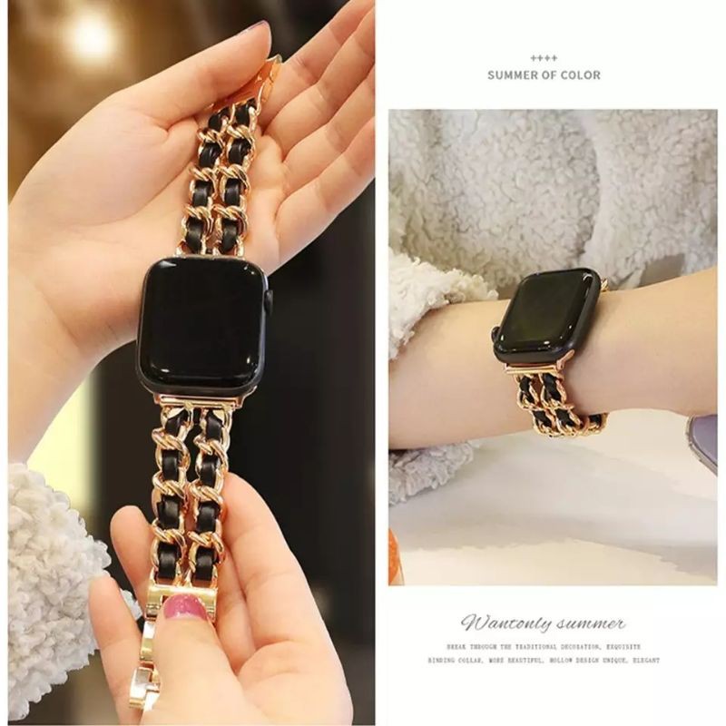 Strap Rantai Kulit Leather Fashion Wanita tali jam apple watch iwatch jam 5 3 stainless rose gold 41mm 45mm series 6 7