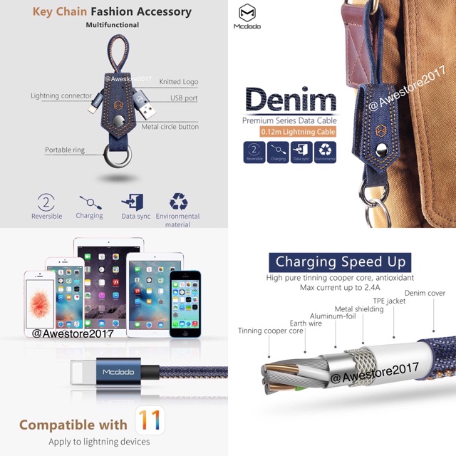 Original Mcdodo Kabel Data Denim Iphone 5 6 7 8 X Ipad Mini Ipod Touch Lightning Cable Key Chain New