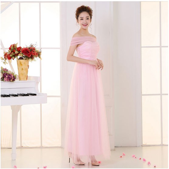 LD.123B - Gaun pesta panjang dengan model Lengan Sabrina warna pink