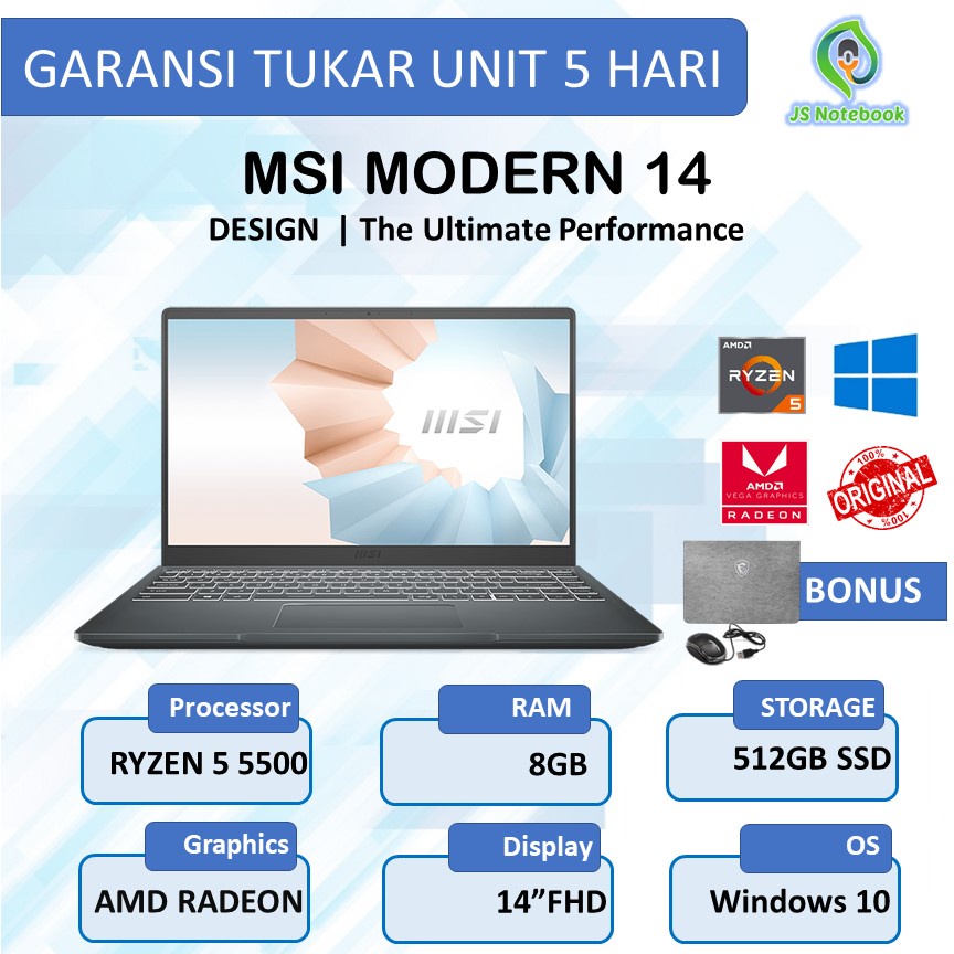 MSI MODERN 14 RYZEN 5 5500 8GB 512SSD VEGA7 W11 14.0FHD IPS GREY