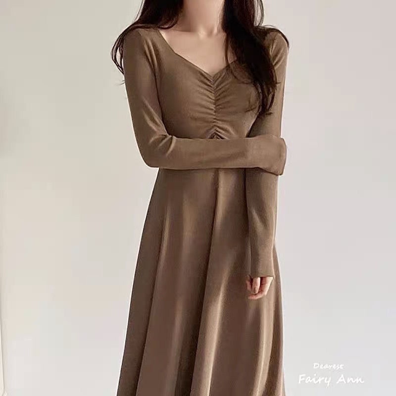 korean style pure desire French dress long sleeve V-neck waist-slimming long dress