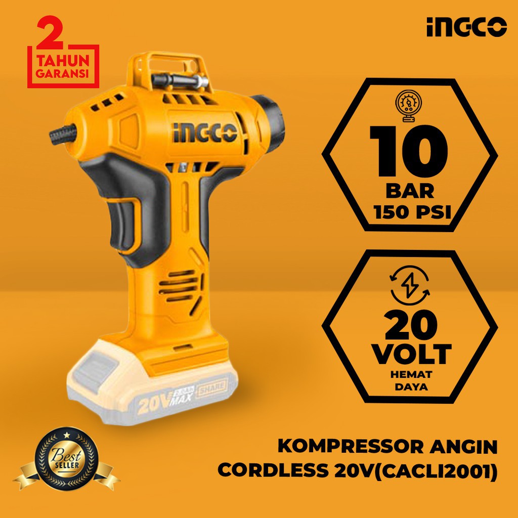 KOMPRESOR MINI CORDLESS INGCO / POMPA ANGIN ELEKTRIK LISTRIK UNTUK BAN MOBIL MOTOR SEPEDA CACLI2001