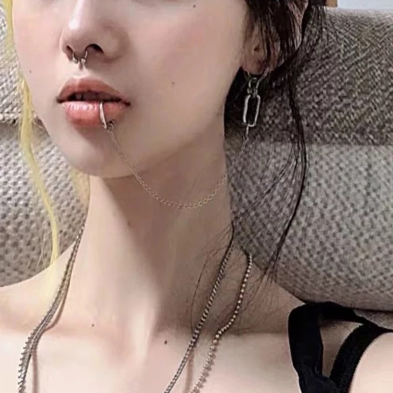 Anting Tindik Hidung / Bibir Palsu Model Rantai Panjang Gaya Punk