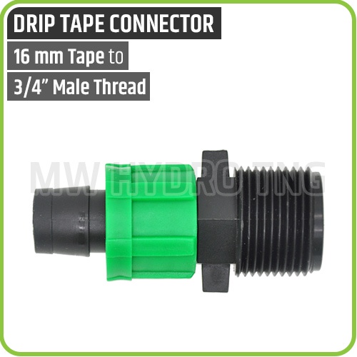 Drip Tape Connector to Male Thread, 16mm x 3/4&quot; (Lock Nut Fitting)