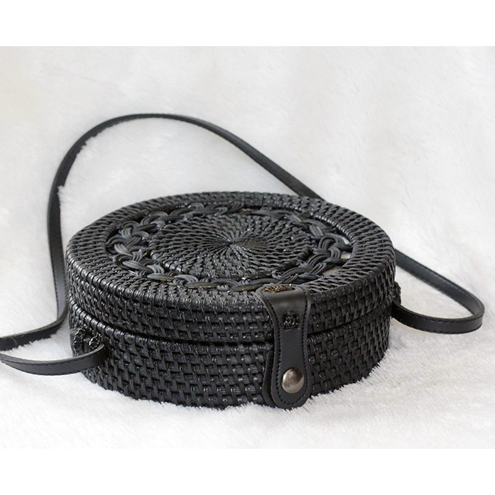 Sweet Honey ~ Grosir Tas Rotan Bali Gendit Hitam Bali Rattan Bag Gendit Black Diameter 20cm