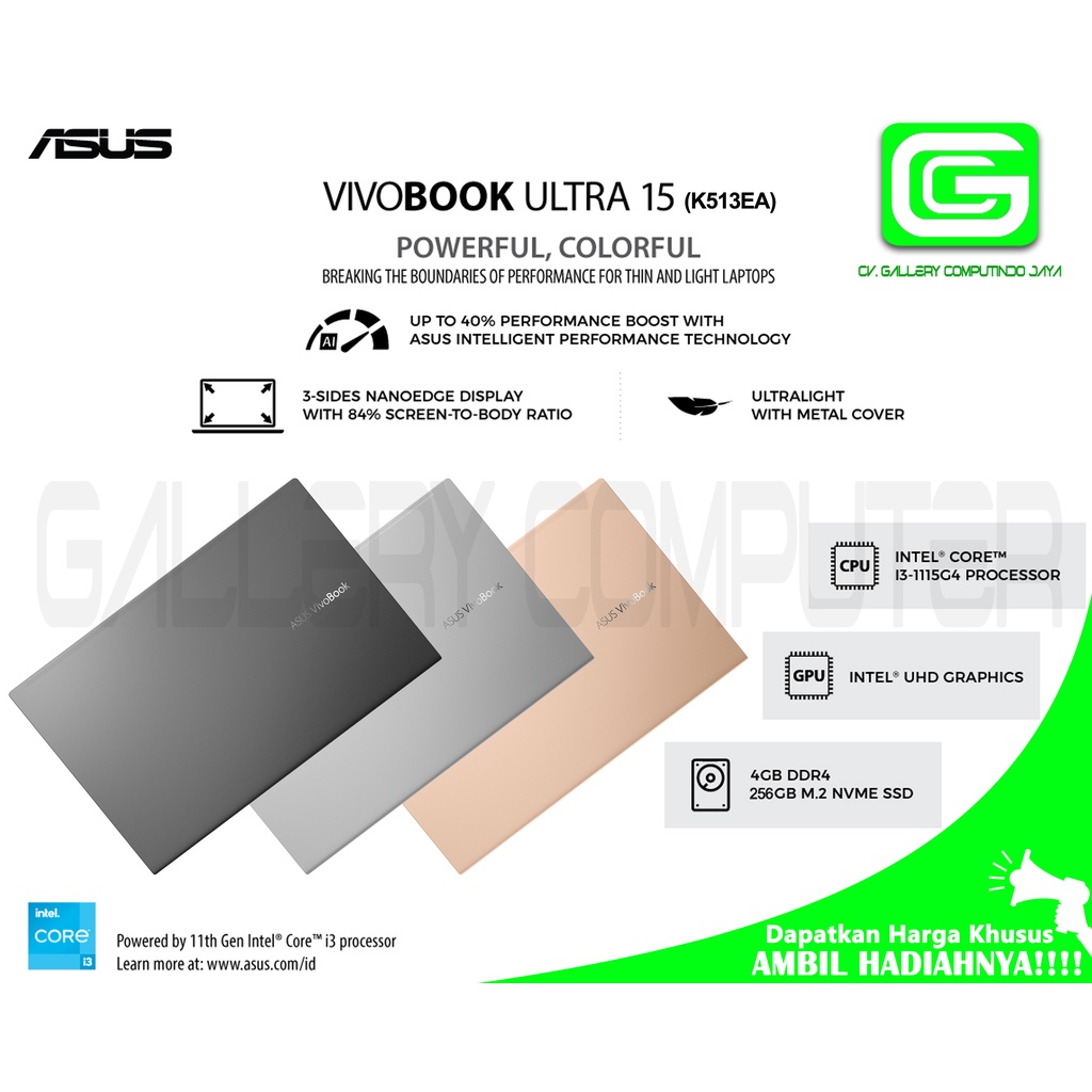 ASUS VivoBook Ultra 15 K513EA/Intel Core i3-1115G4/14" FHD/4GB/256GB SSD/Windows 11 H/Office