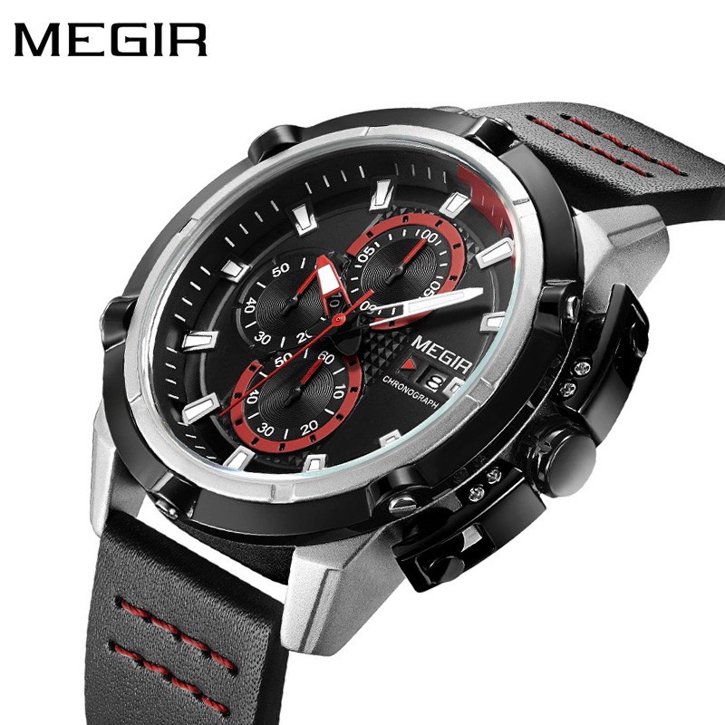 MEGIR 2062 Jam Tangan Pria Analog Chronograph Tanggal Aktif Tali Kulit WATCHKITE WKOS