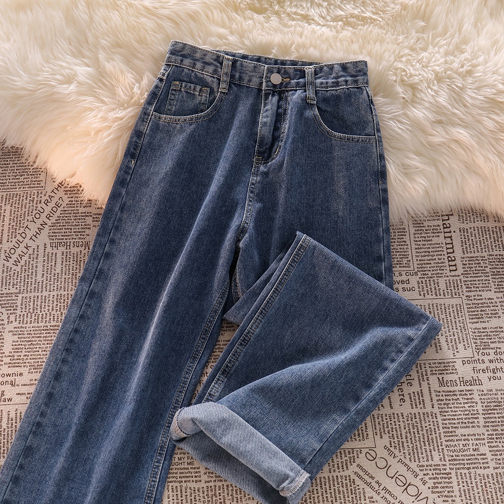 Biru Keren Terbaru Highwaist Lurus Loose Celana Jeans Panjang Wanita Import【COD】