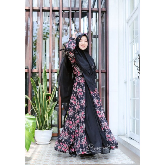 Ori by Bermerk Set Gamis syar'i gamis + khimar motif bunga