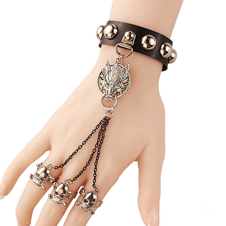 Gothic Leather Rivet Trim Wolf Bracelet with Skull Chain Ring 8507