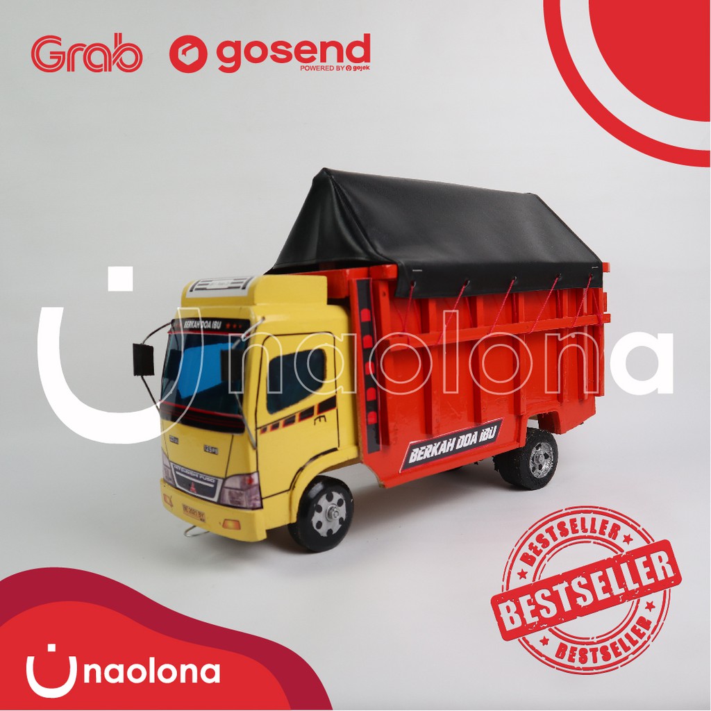 Mainan Kayu Mobilan Anak Truk Jadul Miniatur Truck Canter + Terpal Warna Kuning Orange Naolona