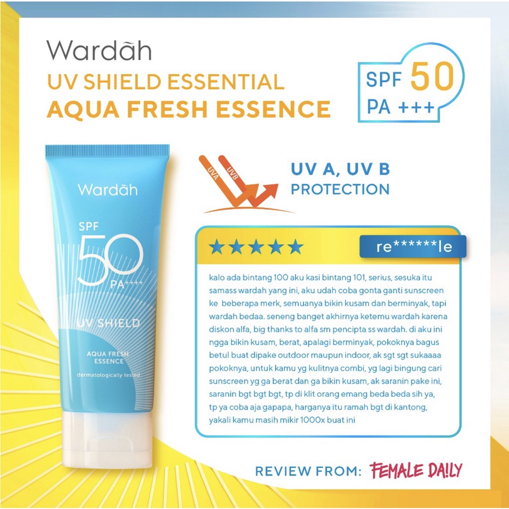 Wardah UV Shield Aqua Fresh Essence SPF 50 PA ++++ 30 ml - Sunscreen 0% Alkohol, Menghidrasi