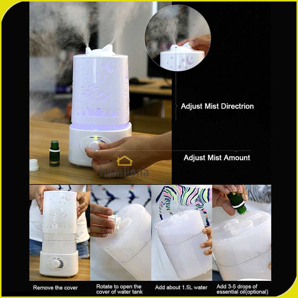 Air Humidifier Aromatherapy Oil Diffuser 7 Color Light 1500ml Carved Model Ukiran - Taffware  HUMI H6 - White